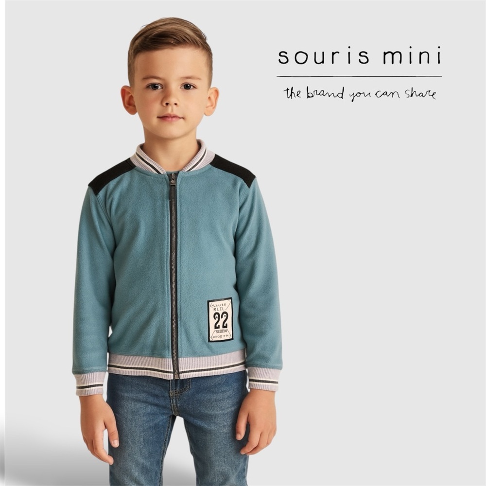 Boys Souris Mini Zip-Up Fleece Jacket - Muted Teal with Black Shoulders 7 y/o